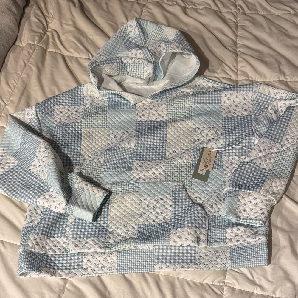 Quilted Patchwork Hoodie - Light Blue / White